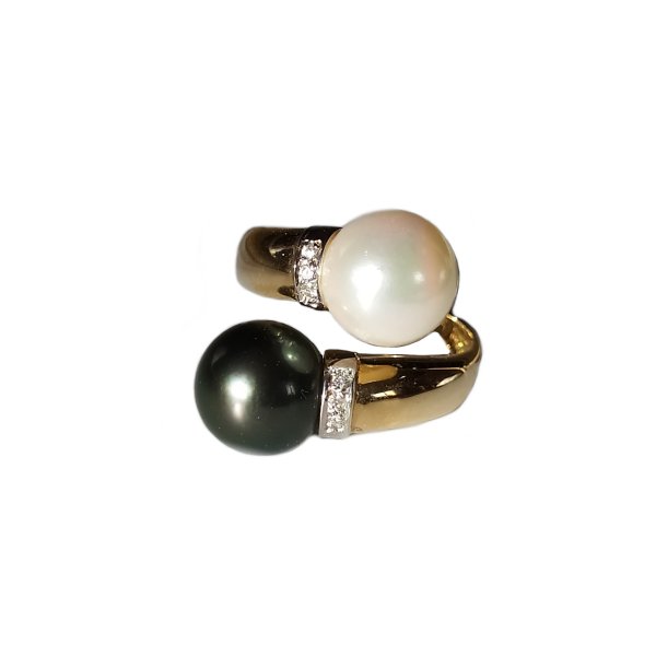 Ring duo Amor gold tahitial pearl and cultured pearl and diamonds